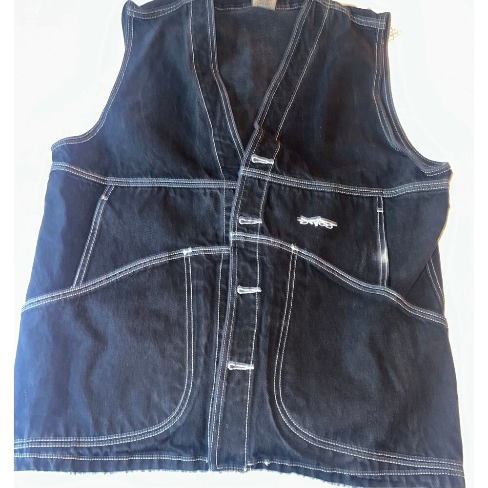 JNCO Black Denim Utility Vest M White Contrast Stitch Y2K Skate Carpenter - Picture 2 of 12